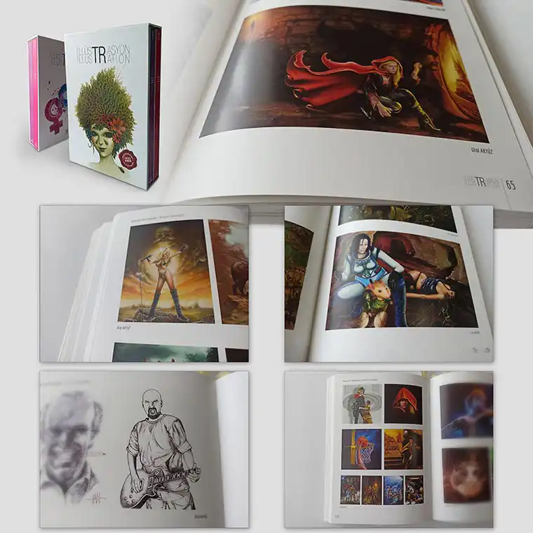 Ural Akyuz's illustration book page. Image shows a few pages together.