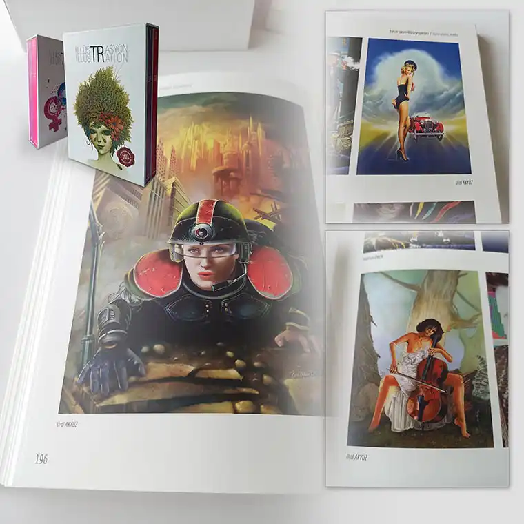 Ural Akyuz's illustration book page. Image shows a few pages together.