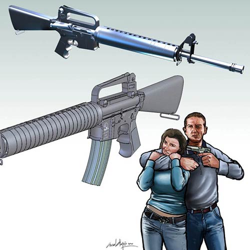 3D & TECHNICAL ILLUSTRATION. M16 Machine Gun and Hostage, 3D Model and Drawing - © Ural Akyuz