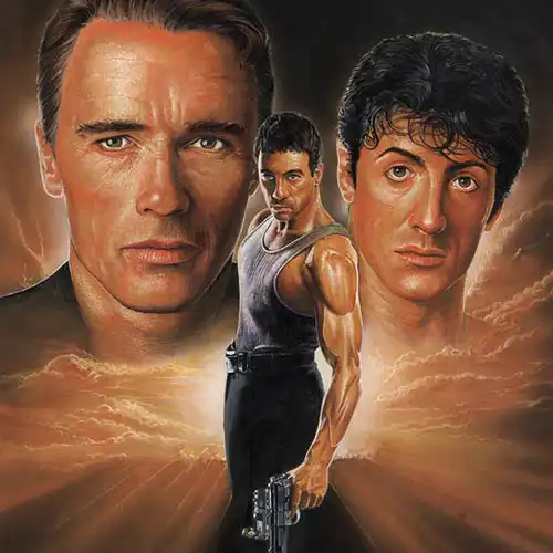 GOUACHE PAINTING on SCHOELLER PAPER, Portraits of Arnold Schwarzenegger, Jean Clause Vandamne, Sylvester Stallone - © Ural Akyuz