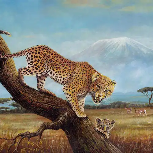 OIL PAINTING on CANVAS, Leopard Family near the Mount Kilimanjaro - © Ural Akyuz